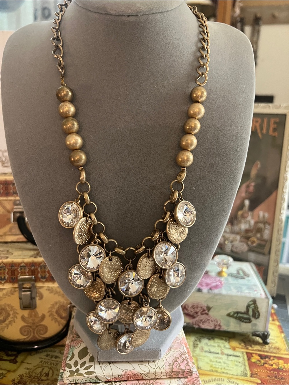 Gold-Tone Statement Necklace with Clear Crystal Drops